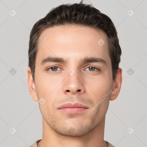 Neutral white young-adult male with short  brown hair and brown eyes