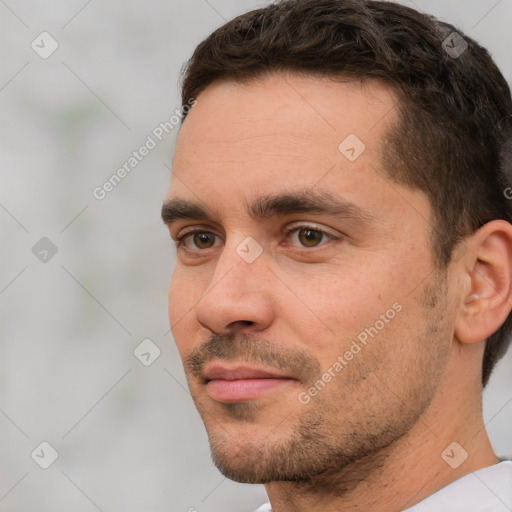 Neutral white young-adult male with short  brown hair and brown eyes