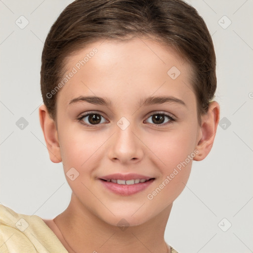 Joyful white child female with short  brown hair and brown eyes