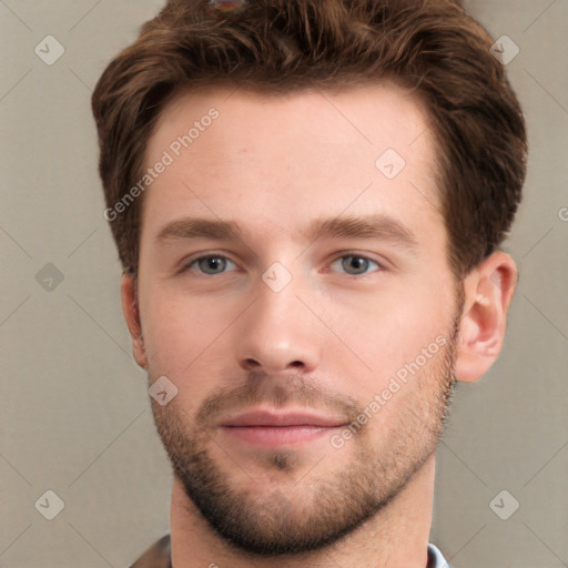 Neutral white young-adult male with short  brown hair and grey eyes