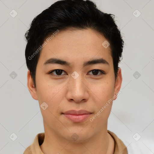 Joyful asian young-adult female with short  brown hair and brown eyes