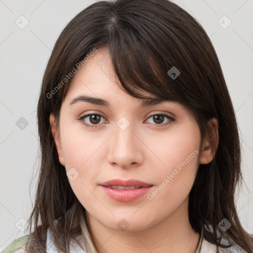 Neutral white young-adult female with medium  brown hair and brown eyes