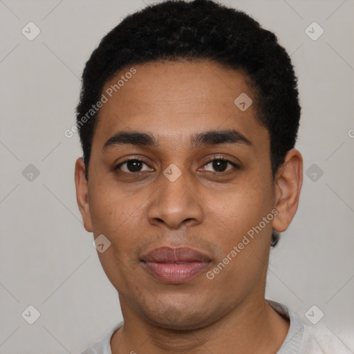 Neutral latino young-adult male with short  black hair and brown eyes