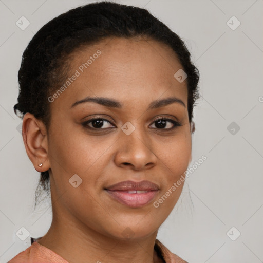 Joyful latino young-adult female with short  brown hair and brown eyes