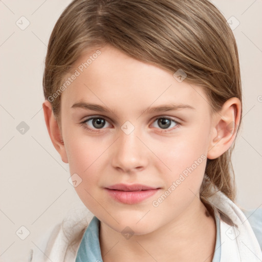 Joyful white child female with medium  brown hair and grey eyes