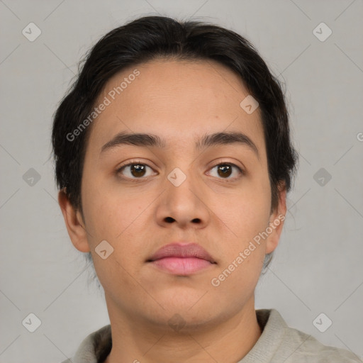 Neutral asian young-adult male with short  brown hair and brown eyes