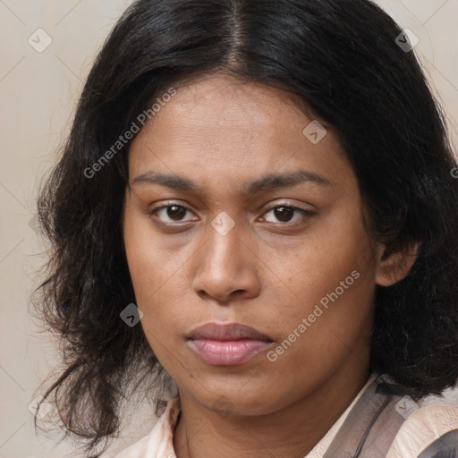 Neutral white young-adult female with medium  brown hair and brown eyes