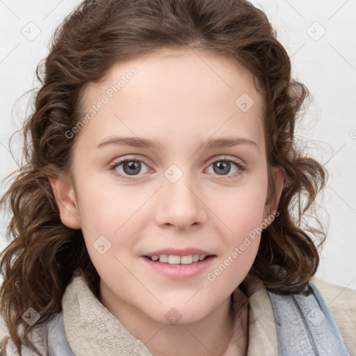 Joyful white child female with medium  brown hair and blue eyes