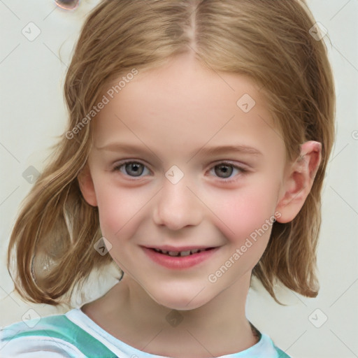 Joyful white child female with medium  brown hair and grey eyes