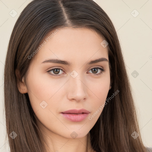 Neutral white young-adult female with long  brown hair and brown eyes