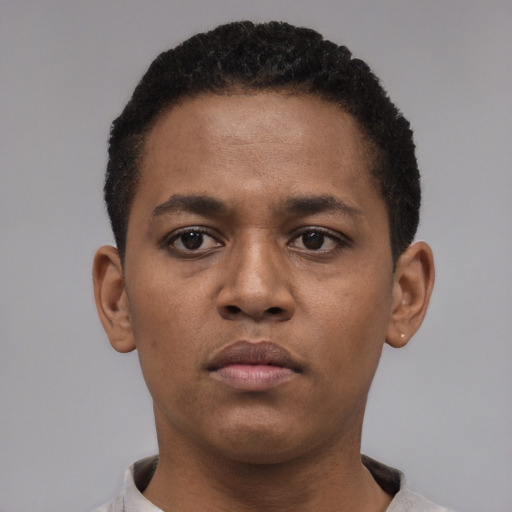 Neutral black young-adult male with short  black hair and brown eyes