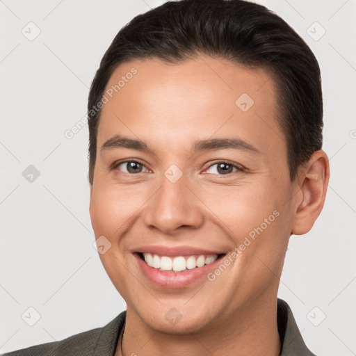 Joyful white young-adult male with short  brown hair and brown eyes