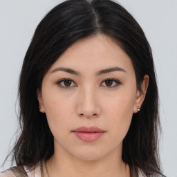 Neutral asian young-adult female with medium  brown hair and brown eyes