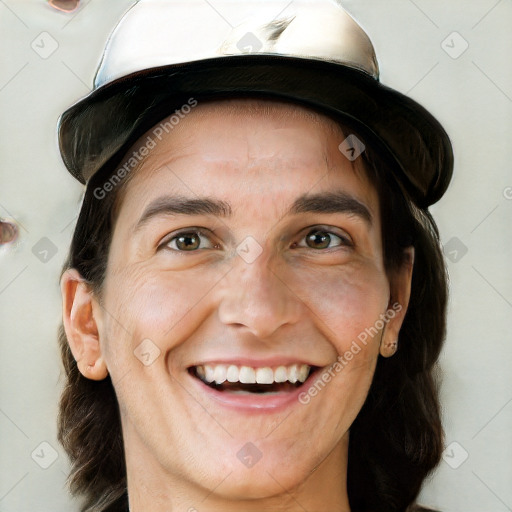 Joyful white young-adult male with medium  brown hair and brown eyes