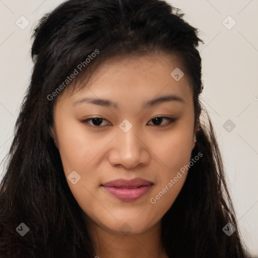 Joyful asian young-adult female with long  brown hair and brown eyes