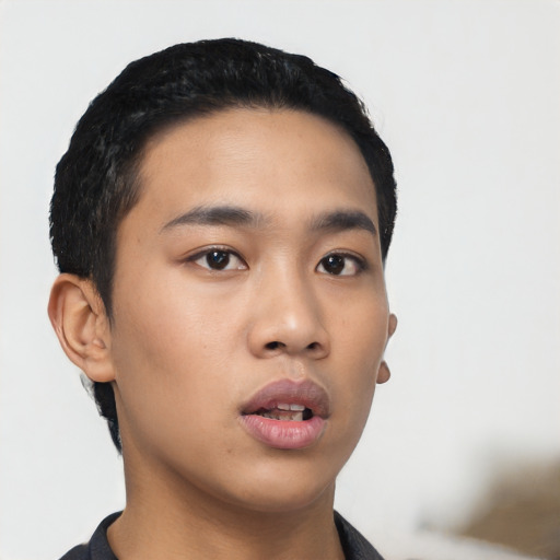 Neutral asian young-adult male with short  black hair and brown eyes