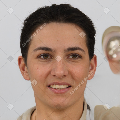 Joyful white young-adult female with short  brown hair and brown eyes