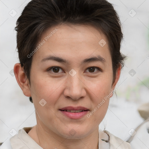 Joyful white adult female with short  brown hair and brown eyes