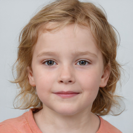 Joyful white child female with medium  brown hair and blue eyes