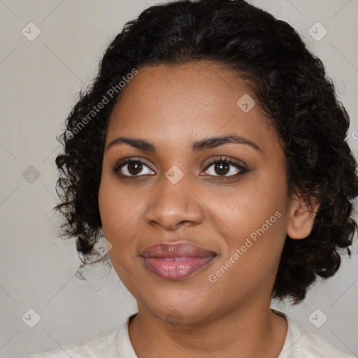 Joyful black young-adult female with medium  black hair and brown eyes