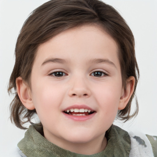 Joyful white child female with medium  brown hair and grey eyes