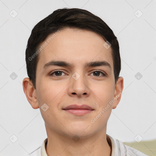 Neutral white young-adult male with short  brown hair and brown eyes