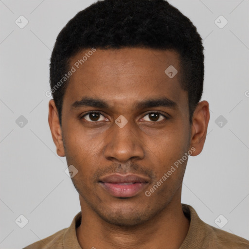 Neutral black young-adult male with short  black hair and brown eyes