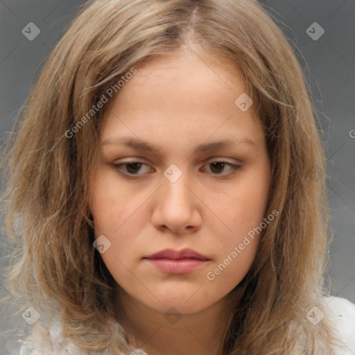 Neutral white young-adult female with medium  brown hair and brown eyes