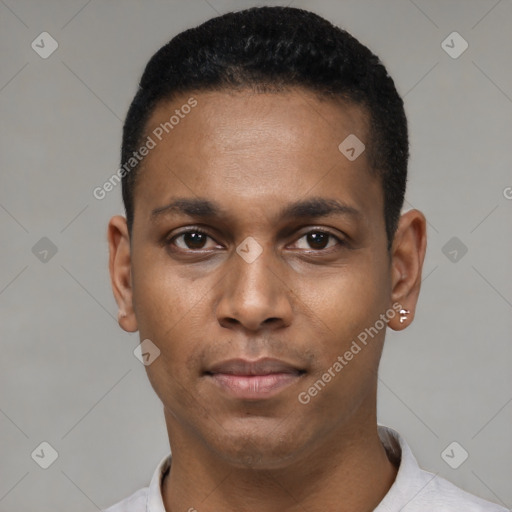 Neutral latino young-adult male with short  black hair and brown eyes