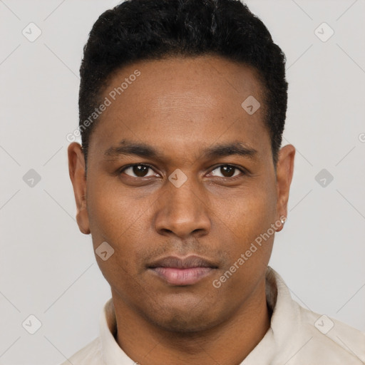 Neutral latino young-adult male with short  black hair and brown eyes