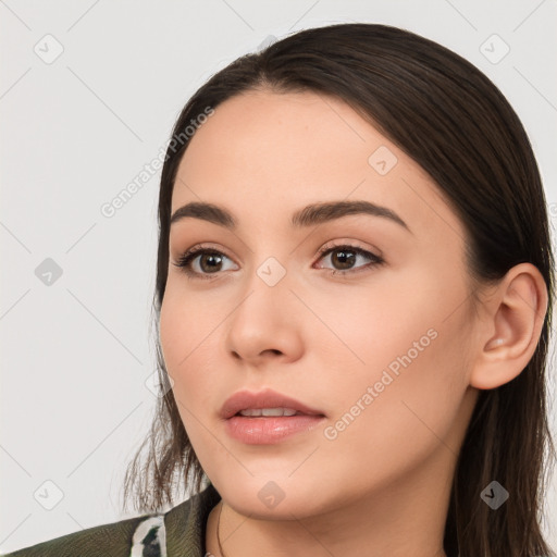 Neutral white young-adult female with long  brown hair and brown eyes