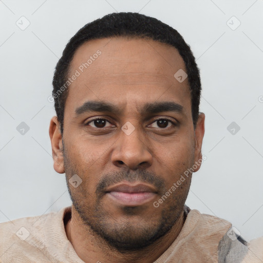 Neutral latino young-adult male with short  black hair and brown eyes