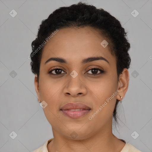 Joyful latino young-adult female with short  brown hair and brown eyes