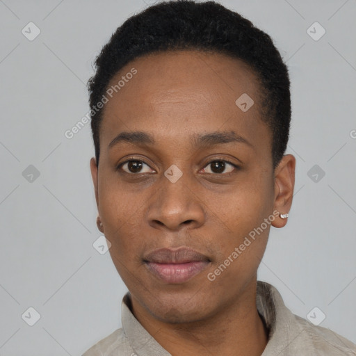Neutral black young-adult male with short  black hair and brown eyes