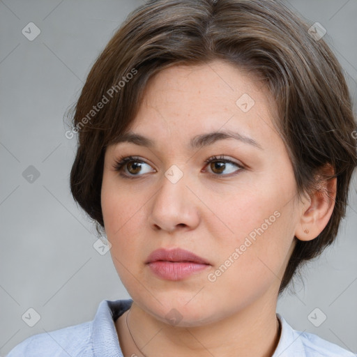 Neutral white young-adult female with medium  brown hair and brown eyes