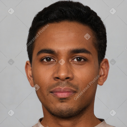 Neutral latino young-adult male with short  black hair and brown eyes