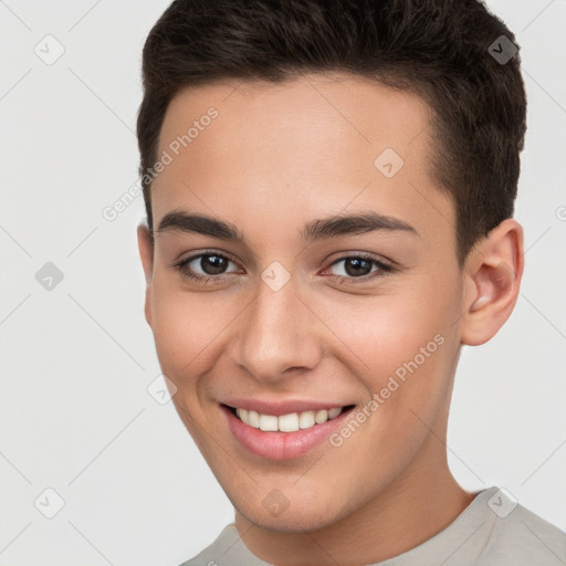 Joyful white young-adult female with short  brown hair and brown eyes