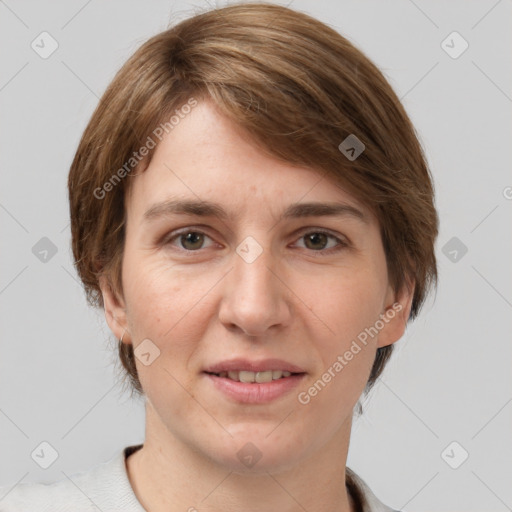 Joyful white adult female with medium  brown hair and grey eyes