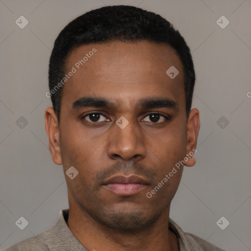 Neutral latino young-adult male with short  black hair and brown eyes