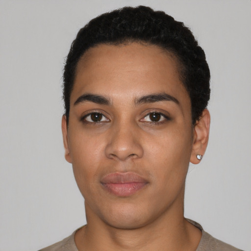 Neutral latino young-adult female with short  black hair and brown eyes