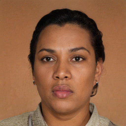 Neutral black young-adult female with short  black hair and brown eyes