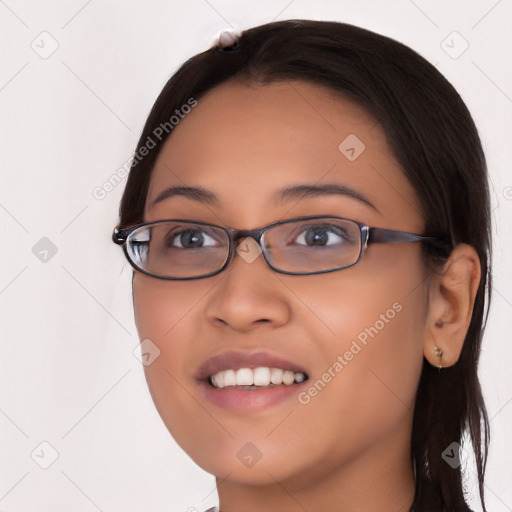 Joyful white young-adult female with medium  brown hair and brown eyes