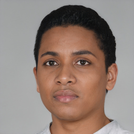 Neutral black young-adult male with short  black hair and brown eyes