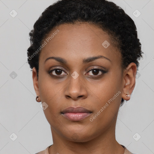 Neutral black young-adult female with short  brown hair and brown eyes