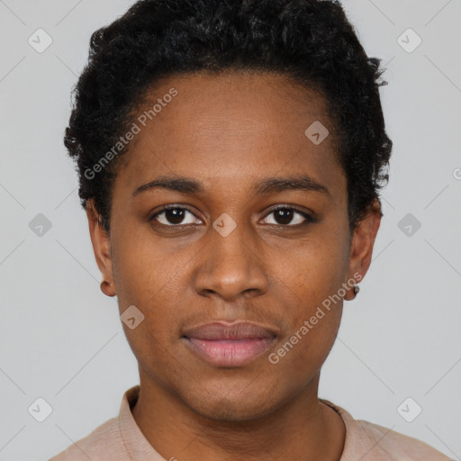 Neutral black young-adult female with short  black hair and brown eyes