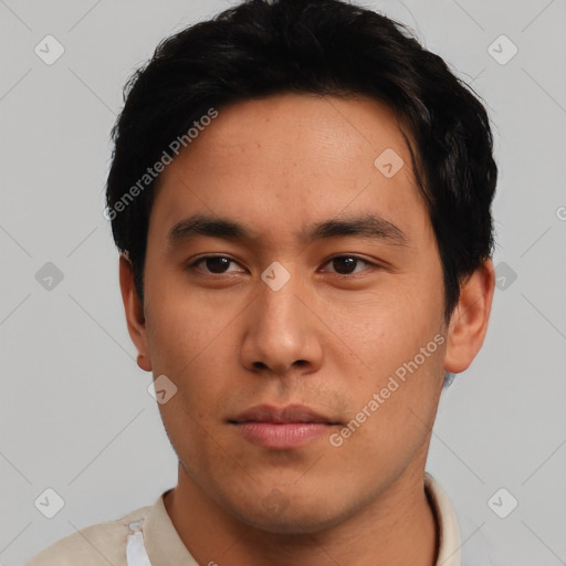 Neutral asian young-adult male with short  black hair and brown eyes