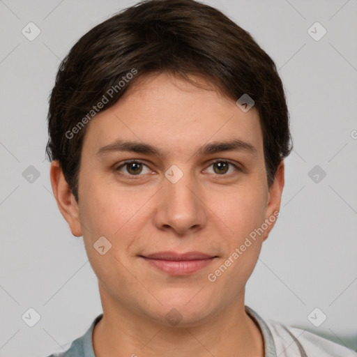 Joyful white young-adult female with short  brown hair and brown eyes