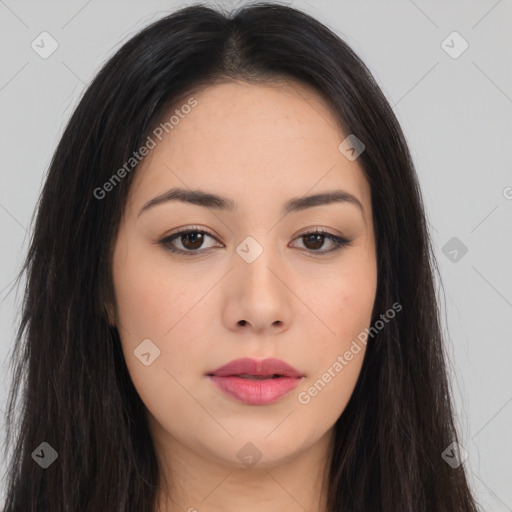 Neutral asian young-adult female with long  brown hair and brown eyes