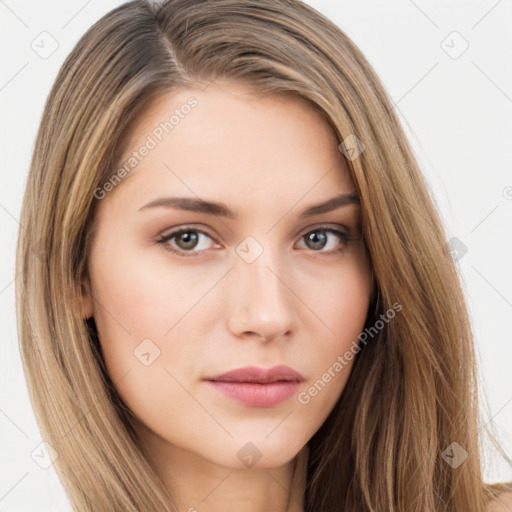 Neutral white young-adult female with long  brown hair and brown eyes