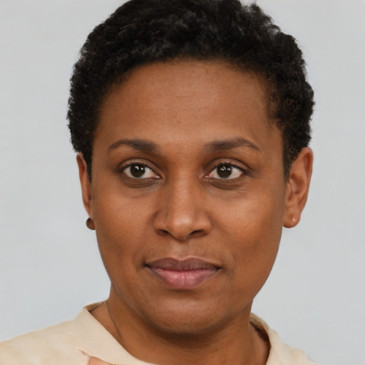 Neutral black young-adult female with short  black hair and brown eyes